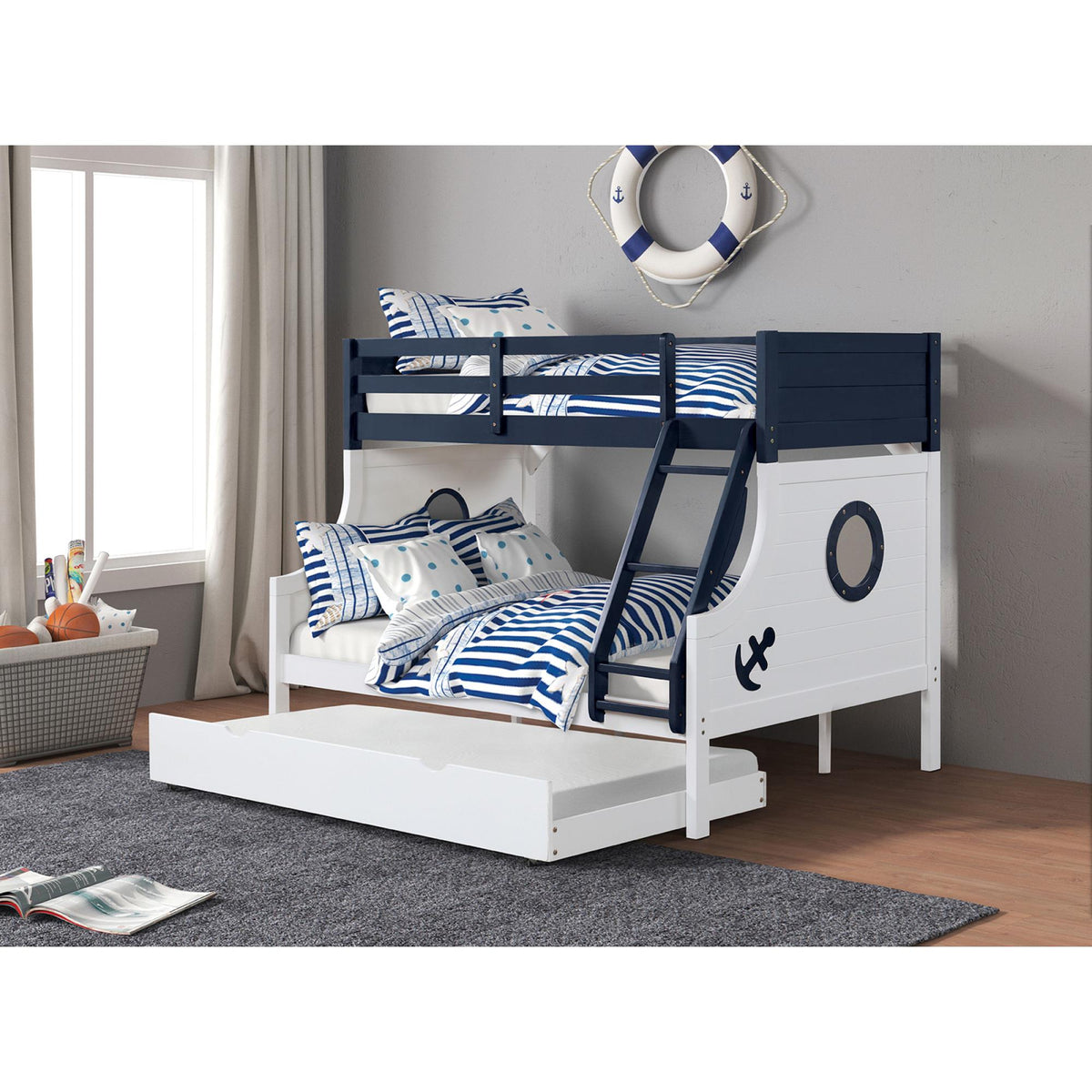 Twin Over Full Bunk Bed Modern Novelty Style Attached Ladder Upper Bed Rails And Lock Joint Structure For Safety Slat Kit Blue / White Finish