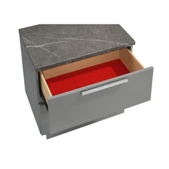 Sonata Nightstand – Two-Tone High-Gloss Marble & Lacquer Finish with Red Velvet-Lined Drawers and Metal-Finished Legs- Gray