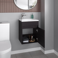Apex Bathroom Vanity With Single Door And Open Shelf, Compact Floating Sink Base Cabinet, Black