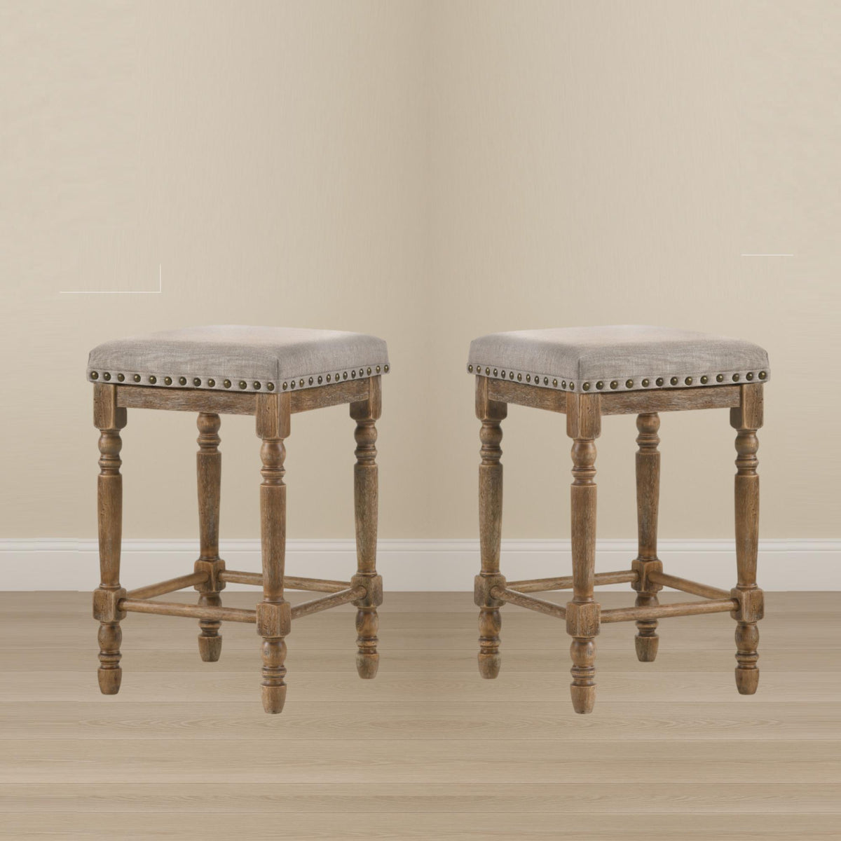 Set of 2pc Counter Height Stools Oak Finish Beige Fabric Seating Nailhead Trim Wooden Traditional Dining Room Furniture