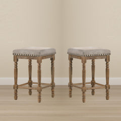 Set of 2pc Counter Height Stools Oak Finish Beige Fabric Seating Nailhead Trim Wooden Traditional Dining Room Furniture