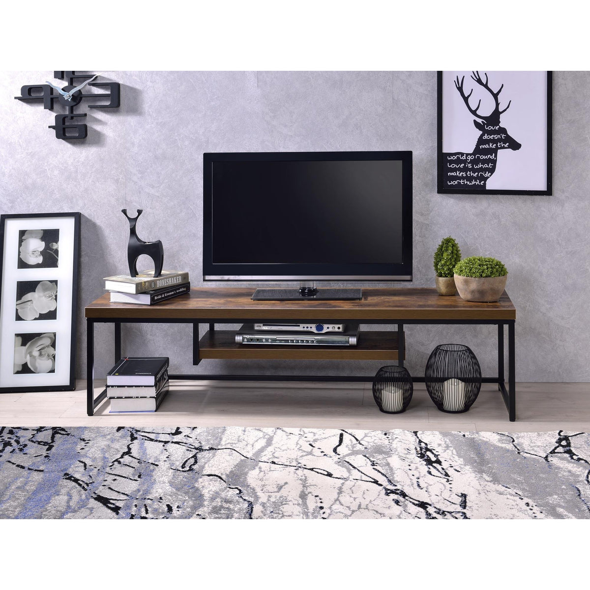 Museum Weathered Oak & Black Metal Finish TV Stand