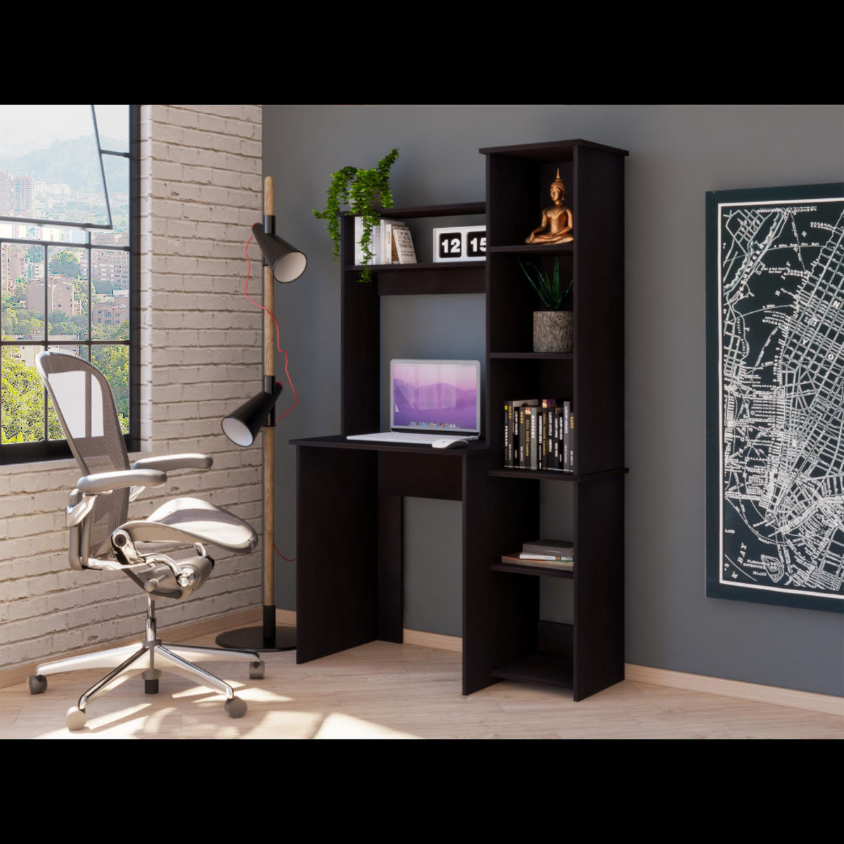 Desk, Five Shelves, Two Superior Shelves, Black