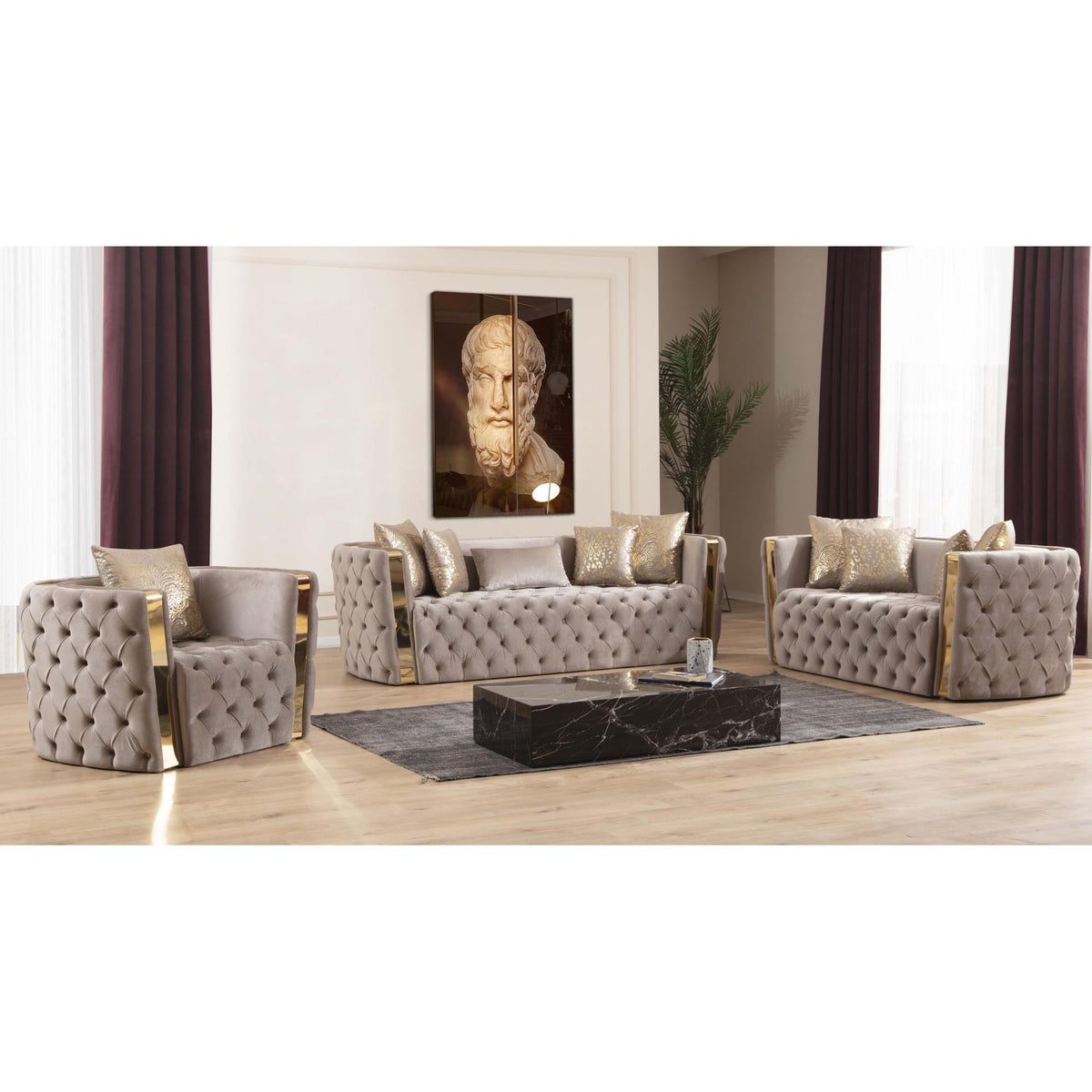 Revelation Button Tufted 3 Pc Set with Velvet Fabric and Gold Accent in Taupe