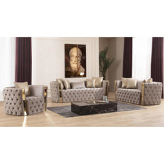 Revelation Button Tufted 3 Pc Set with Velvet Fabric and Gold Accent in Taupe