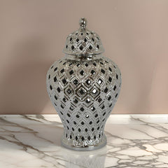 Aurora 18 Inch Temple Jar, Pierced, Carved Lattice Design, Lid, Silver