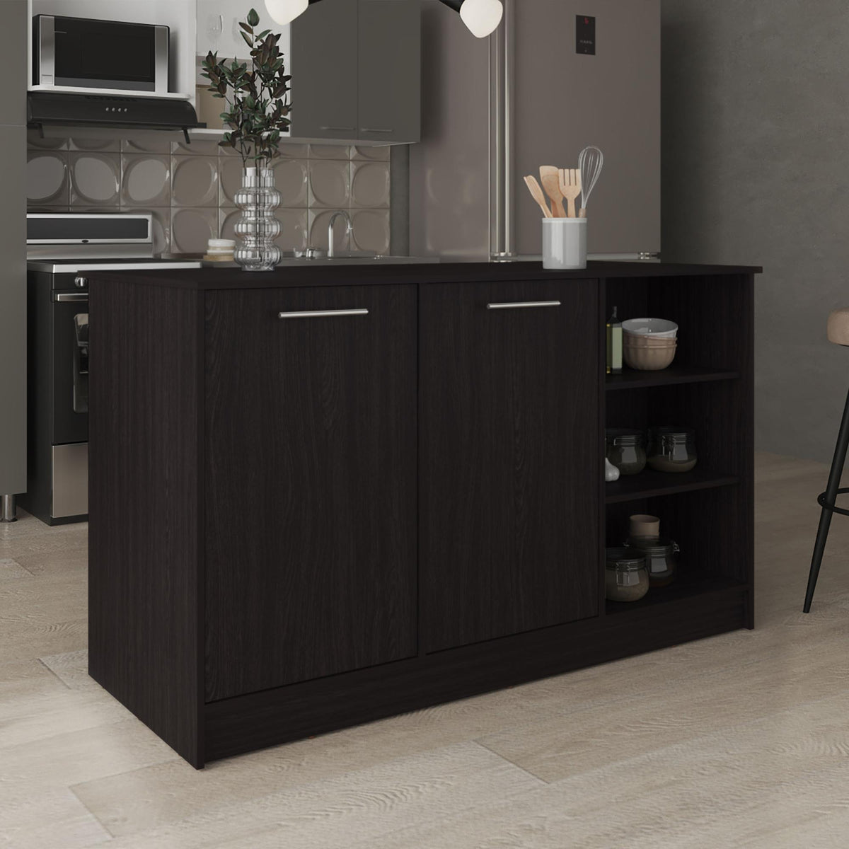 Archive Kitchen Island, Three Open Shelves, Two Cabinets White / Black