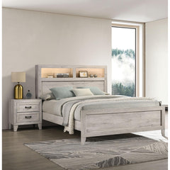 3pc Bedroom Furniture White wash Finish Queen Size Bed w Shelf Light 2x Nightstands Melamine Top Black Bar Pull
