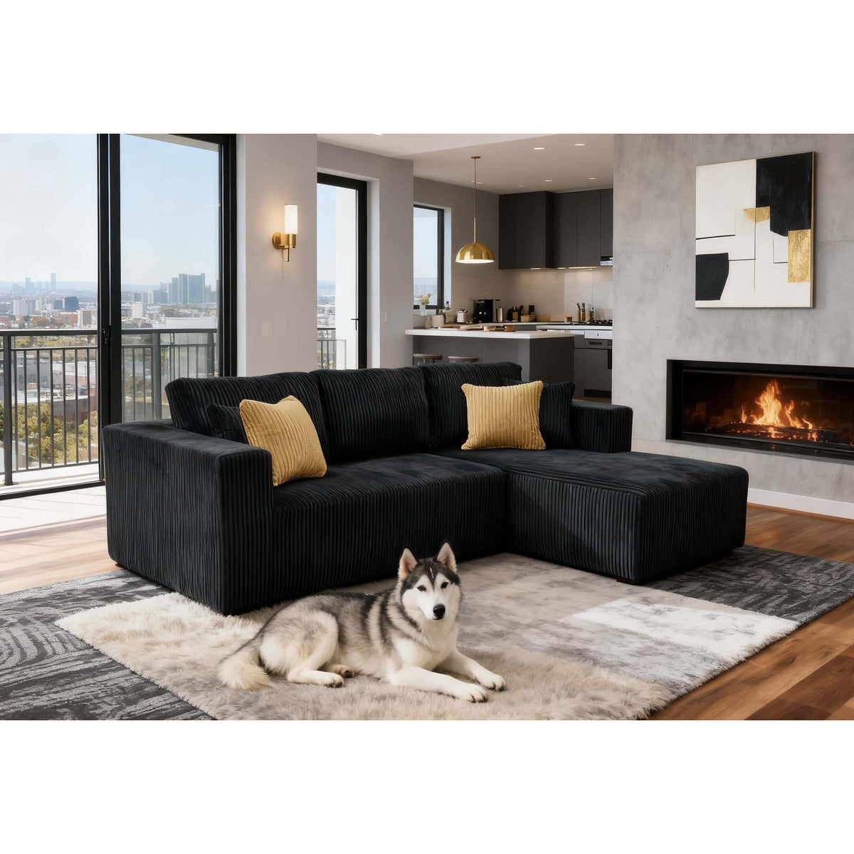 Full Compressed Corduroy Upholstered Sectional - No Assembly Needed
