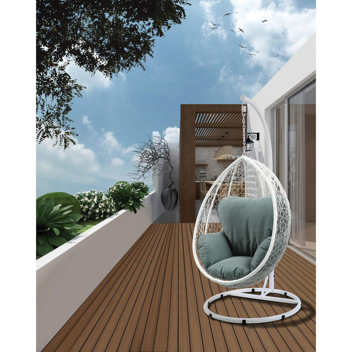 Camelot Green Fabric & White Wicker Hanging Chair