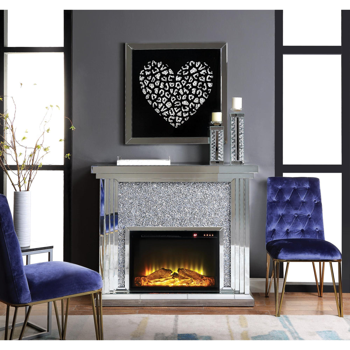 Infinity Mirrored & Faux Diamonds Fireplace (Battery not Included)