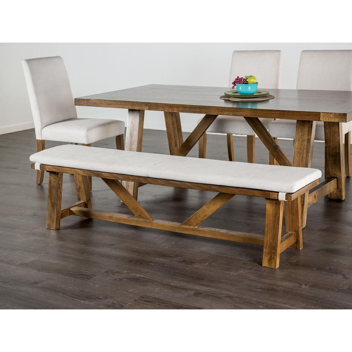 Modern Upholstery Bench With Cushion Rustic Style Trestle Base Upholstered Seat Brown And White Finish