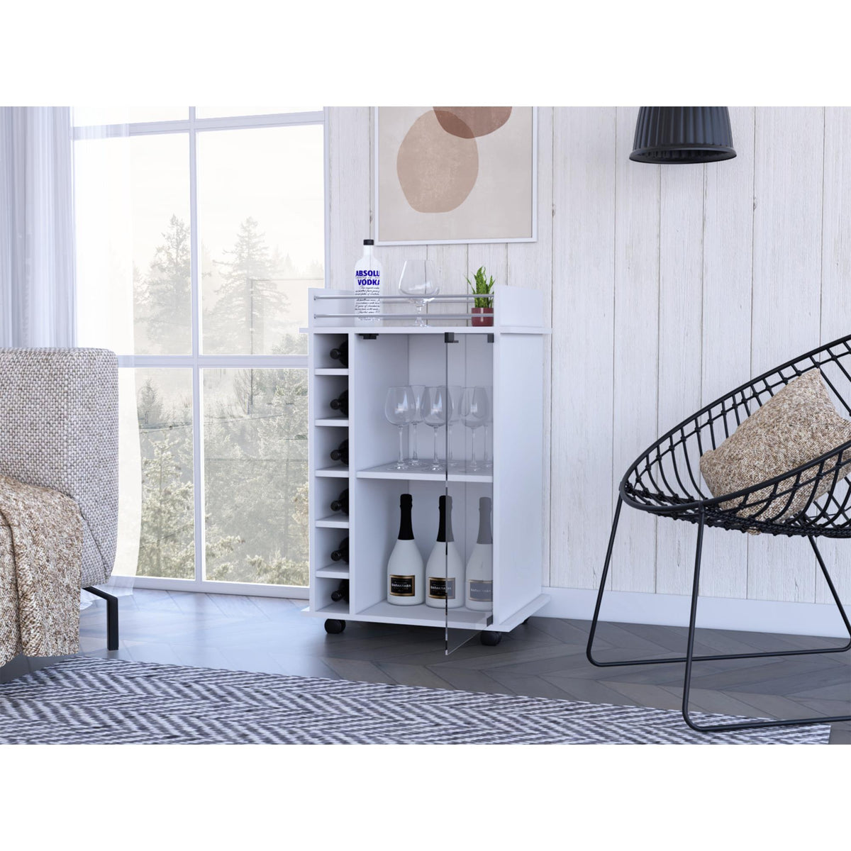 Bar Cart Baltimore, Six Wine Cubbies, Glass Door, Four Caster, Two Shelves, White Finish