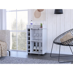 Bar Cart Baltimore, Six Wine Cubbies, Glass Door, Four Caster, Two Shelves, White Finish