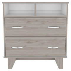 Armageddon Two Drawer Dresser, Two Open Shelves, Superior Top, Four Legs -Light Gray / White