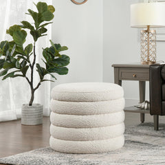 Tale 19" Oversized Round Storage Ottoman, Ivory White Boucle