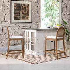 Neptune 26.5" Curved Back Cane Rattan Counter Stool, Set of 2, Ivory White Boucle