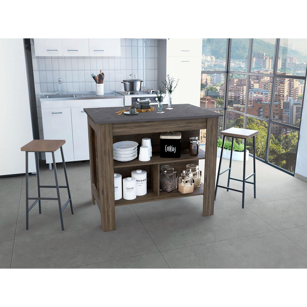 Kitchen Island, kitchen table 35" H, Four Legs, Three Open Storage Shelves, Dark Brown / Onix
