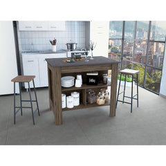 Kitchen Island, kitchen table 35" H, Four Legs, Three Open Storage Shelves, Dark Brown / Onix