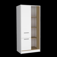 Rhea Armoire with One Door for Interior Storage with Hanging Rod, 4 Open Shelves and, One Drawer, Freestanding Wardrobe