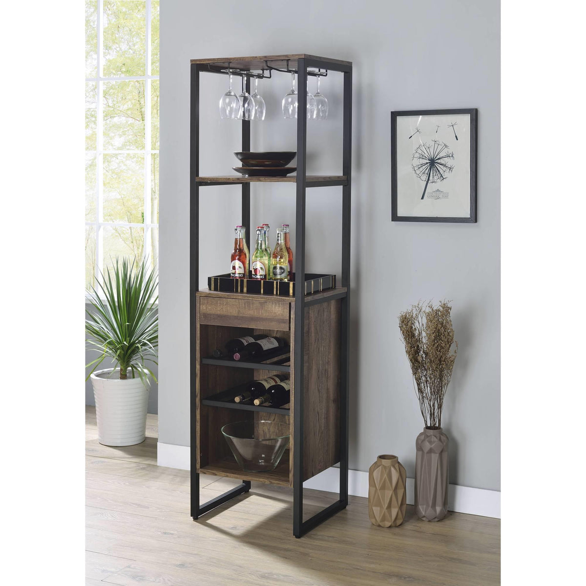 Pluto Oak and Black Wine Rack with 1 Drawer