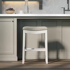 Story Bar-Height Backless Wood Narrow Saddle-Seat Barstool with Nailhead Trim, Farmhouse Whitewash with Gray Upholstered Seat, 1PC