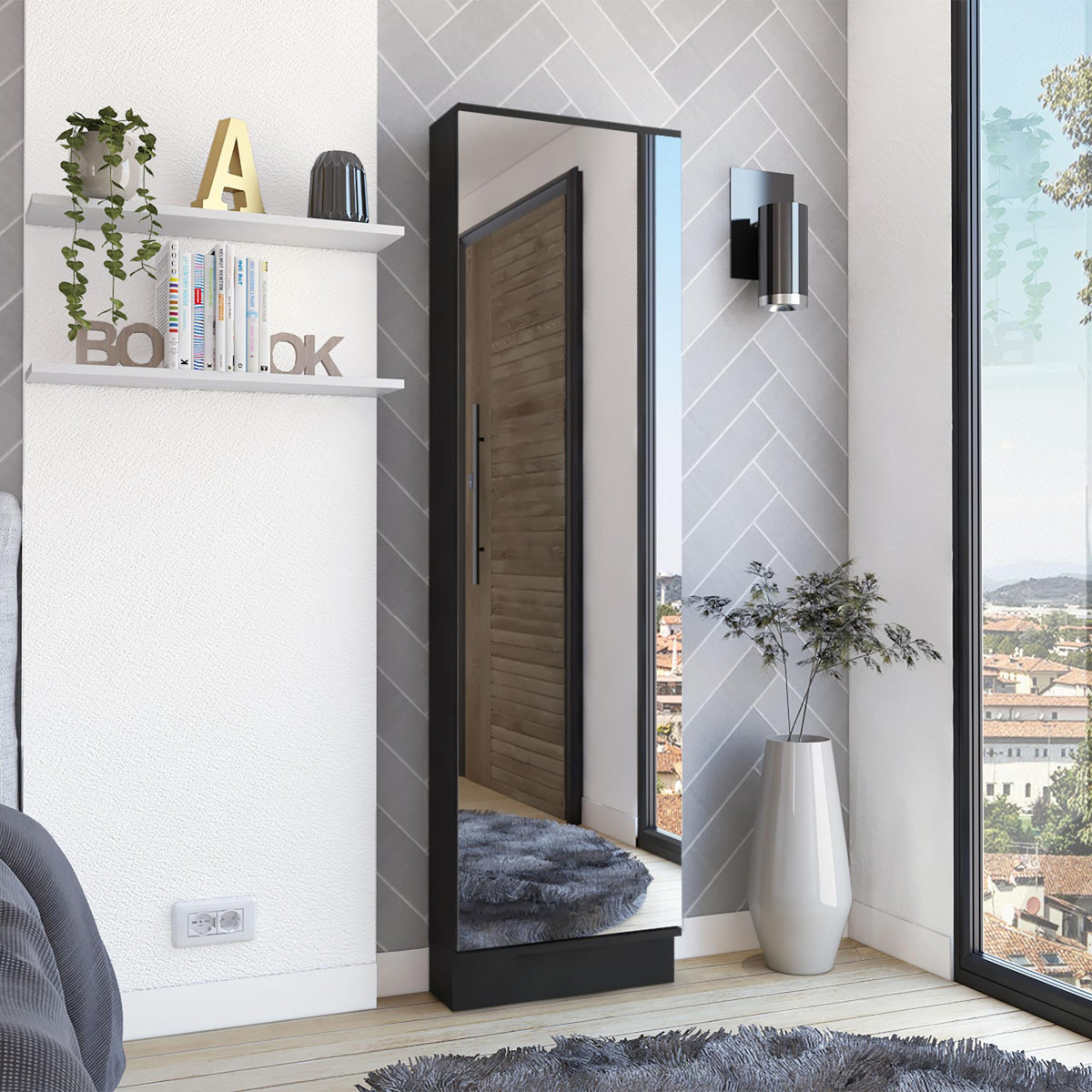 Clytemnestra Xl Shoe Rack, Mirror, Five Interior Shelves, Single Door Cabinet -Black