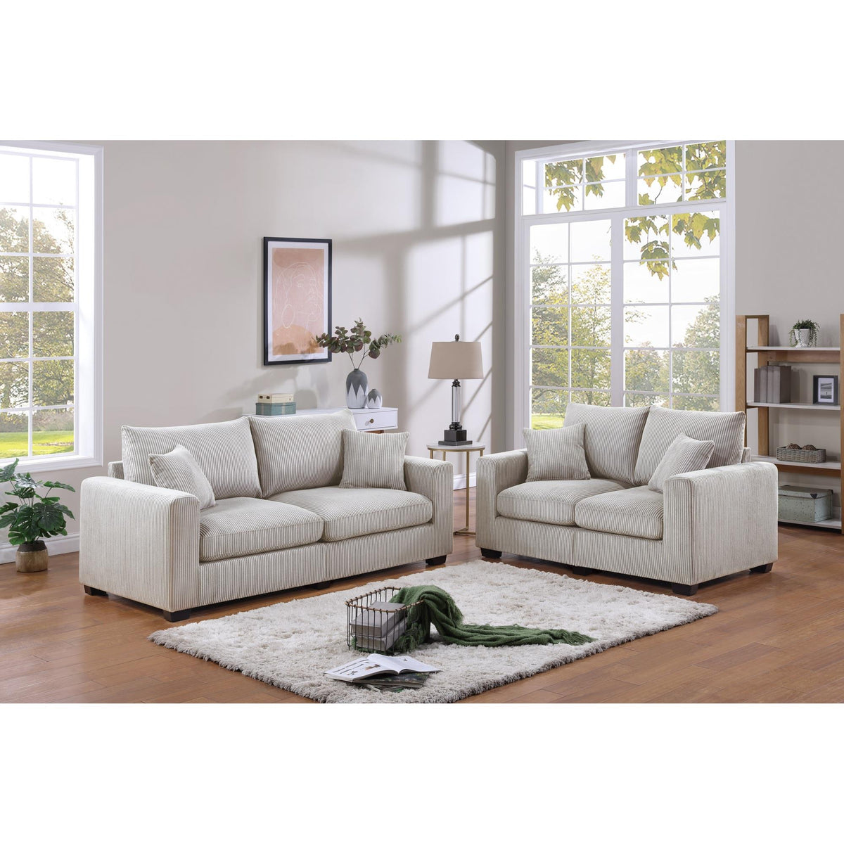Classic Living Room 2pc Sofa Set Ivory Corduroy Sofa And Loveseat w Pillows Square Arms Plush Couch