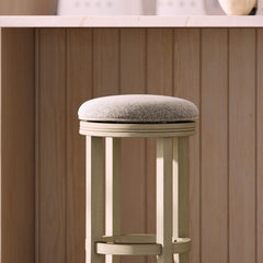 Story Bar-Height Backless Wood Barstool with Swivel Upholstered Seat, Distressed Ivory, 1PC