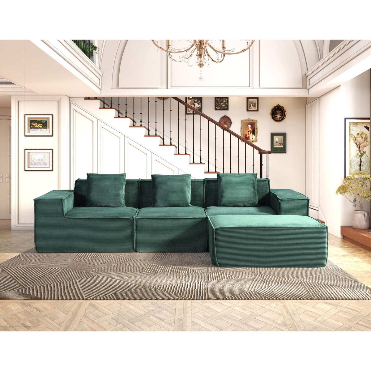 Moon Convertible Corduroy Sectional Couch with Ottoman & Pillows, Modular L Shaped Sleeper Sofa, Boneless Cloud Couch for Living Room Furniture, Dark Green