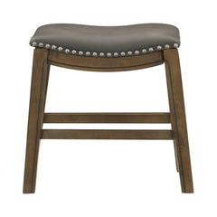 Avalon 20 Inch Dining Stool, Gray Faux Leather, Brown Solid Wood, Nailheads