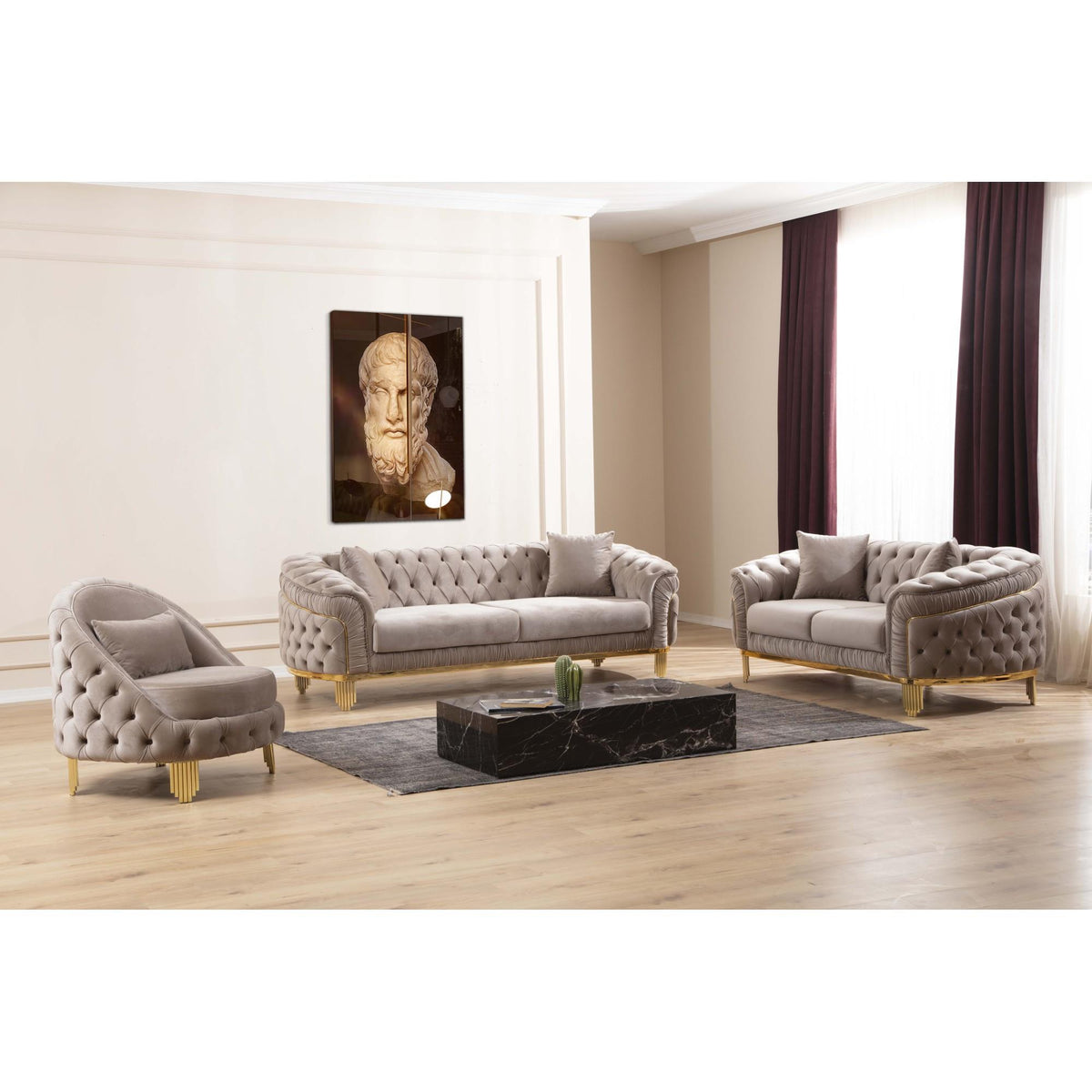 DIARY 3 PC Livingroom Set with Fabric button-tufted velvet upholstery/wood in Taupe