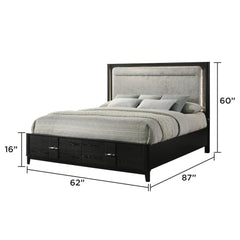 Mars 4 Pc Modern Queen Bedroom Set with Upholstered LED Headboard, Footboard Storage, Marble-Top Dresser, Mirror, and Nightstand in Black Wire-Brushed Finish
