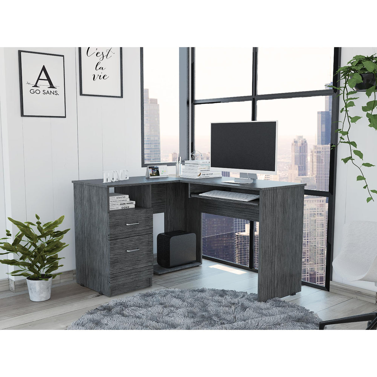 Iphigenia L-Shaped Desk, Keyboard Tray, Two Drawers, Single Open Shelf -Smokey Oak