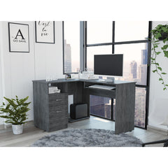 Iphigenia L-Shaped Desk, Keyboard Tray, Two Drawers, Single Open Shelf -Smokey Oak
