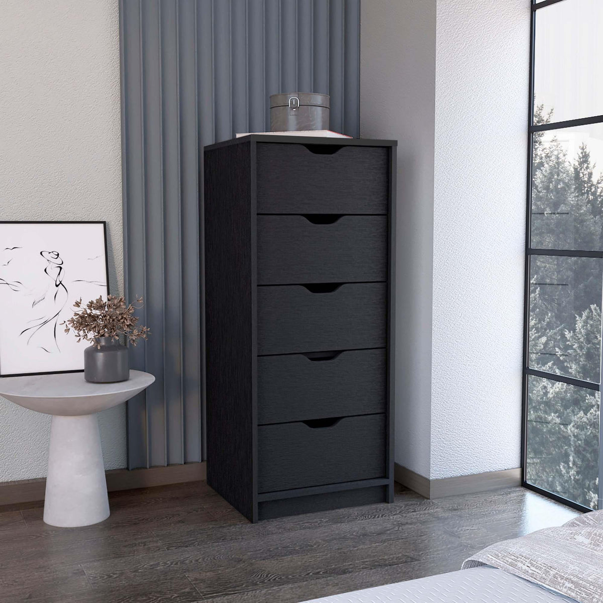 Dresser 42"H, 5 Drawers , Slim Storage Chest of Drawers, Black