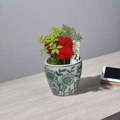 Epic Accent Planter Pot Set of 4, Green Floral Pattern, White Ceramic