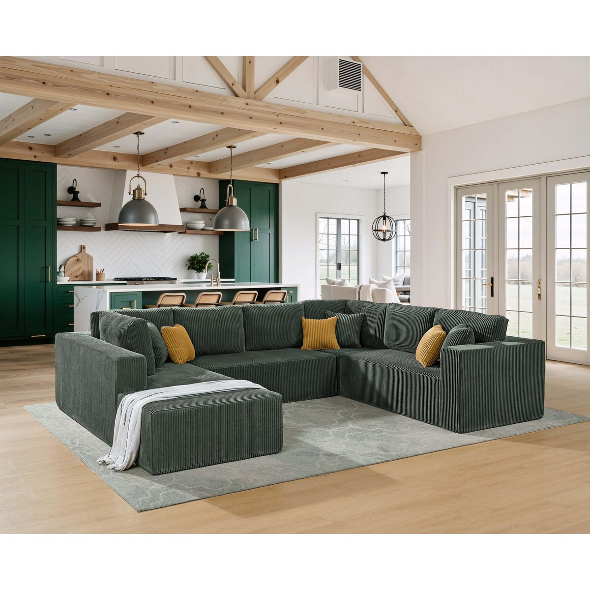 Full Compressed Corduroy Upholstered U-Shape Sectional with Moveable Ottoman - No Assembly Needed