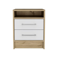 Hephaestus Nightstand , End Table, Side Table Superior Top, Two Drawers -White / Light Oak