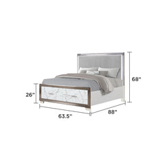 Diary Queen 5-Piece Bedroom Set – LED Upholstered Bed with Footboard Storage, Dresser, Mirror, Nightstand, and Chest in White & Marble Finish with Metallic Accents