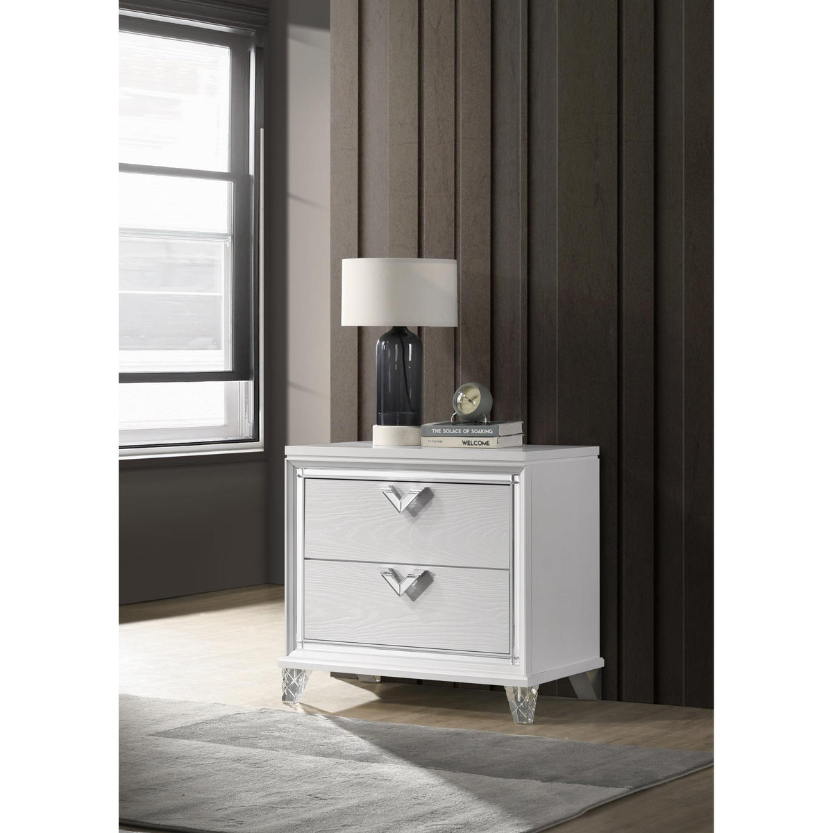 Modern Style 2-Drawer Nightstand with LED Glow & V-Shape Handles in White