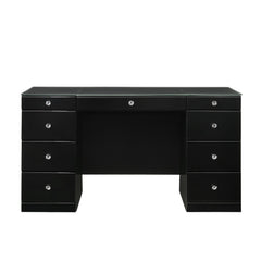 1pc Glam Makeup Vanity Table Glass Top 9 Drawers Knobs Black Wooden Bedroom Furniture