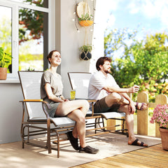Outdoor 2-Person Glider Bench, Outside Glider Swing Chair Loveseat with Table, Steel Frame, Cream White