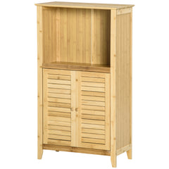 Bamboo Floor Cabinet Bathroom Floor Cabinet Living Room Organizer Tower with Multiple Shelves and Doors, Natural