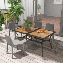 Rectangular Patio Table with Umbrella Hole, Faux Wood Rectangle Outdoor Dining Table for 6 People for Garden, Brown