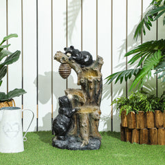 22.4" Outdoor Fountain, 3-Tier Resin Resin Bears and Honey Beehive Outdoor Waterfall Fountain with LED Lights, Pump