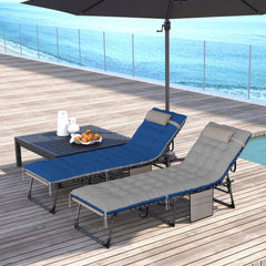 Outdoor Chaise Lounge Chair Set of 2, 5-Level Adjustable Folding Pool Lounge Chairs with Cushions, Brown/Blue