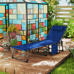 Folding Outdoor Chaise Lounge Chair Tanning Chair with 5-Level Adjustable Back, Side Table, Pillow, Pocket, Dark Blue