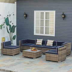 7-Piece Outdoor Wicker Patio Sofa Set, Modern Rattan Conversation Furniture Set with Cushions, and Tea Table, Blue