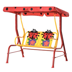 Kids Patio Swing, Adjustable Canopy Swing Glider, Kids Outdoor Swing Chair with 2 Seats, Seat-Belted Safety, Red